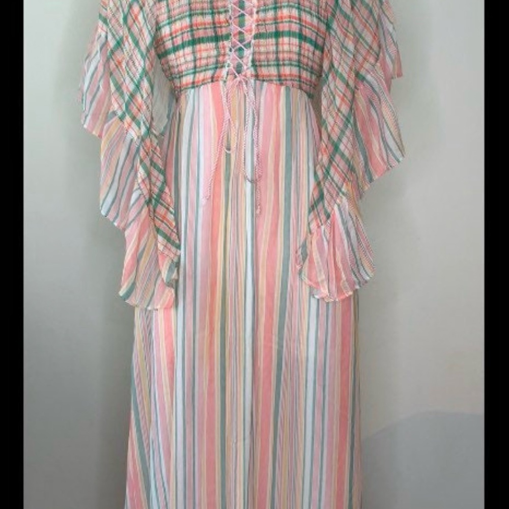 Vintage 70s Colorful Striped Dress with Ruffle Sleeves - Picture 3 of 9